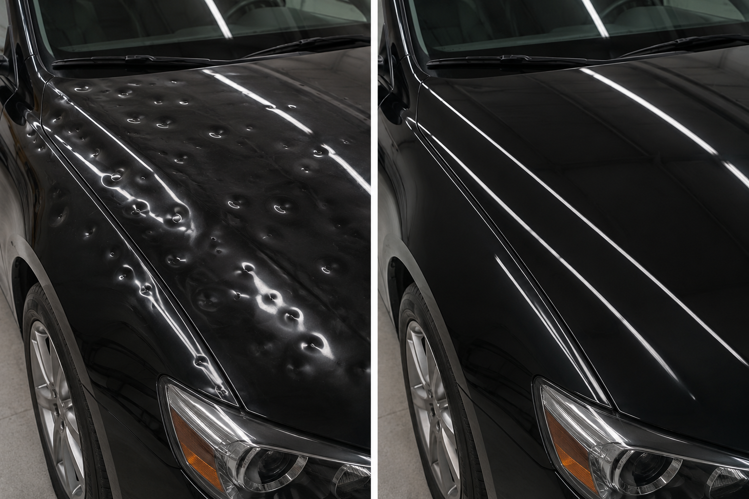 Before and after comparison of a hail-damaged vehicle panel restored by US Hail Solutions