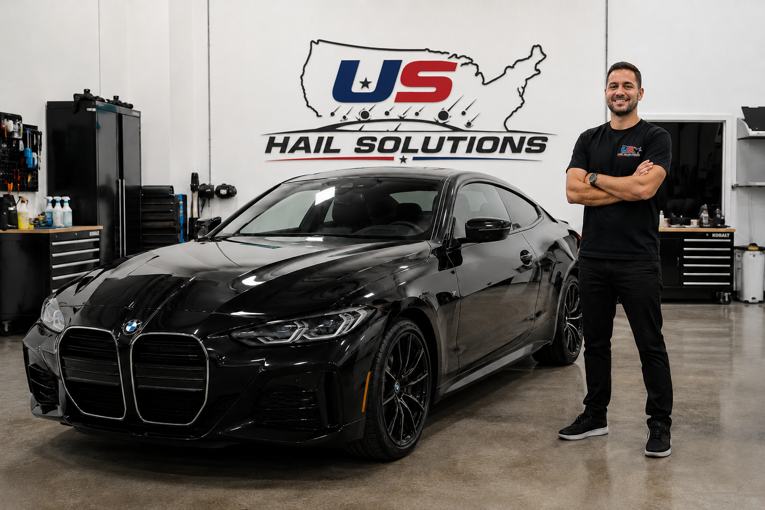 US Hail Solutions specialist inspecting a vehicle for hail damage during a mobile estimate